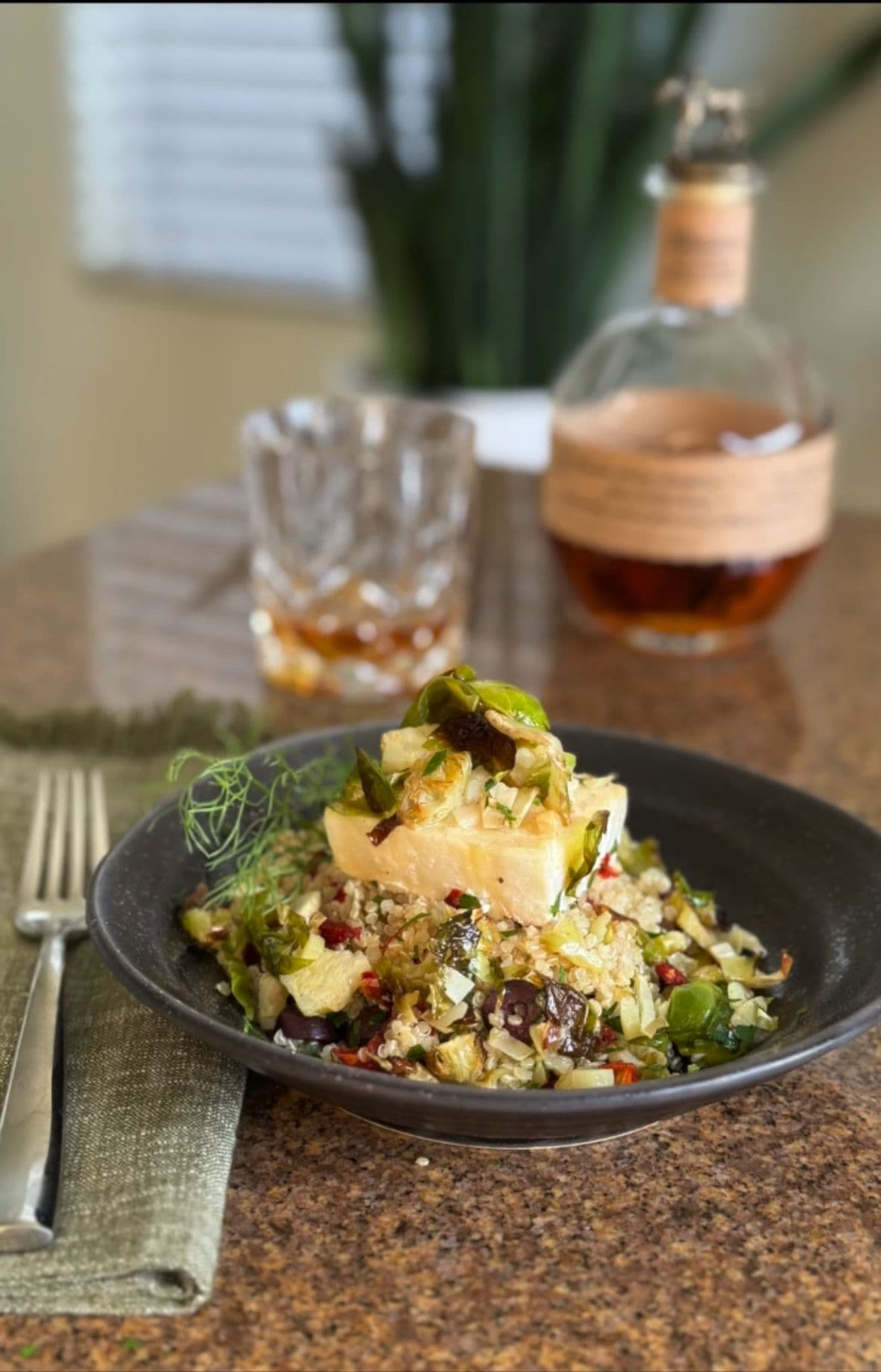 Baked halibut with brussel sprouts and quinoa