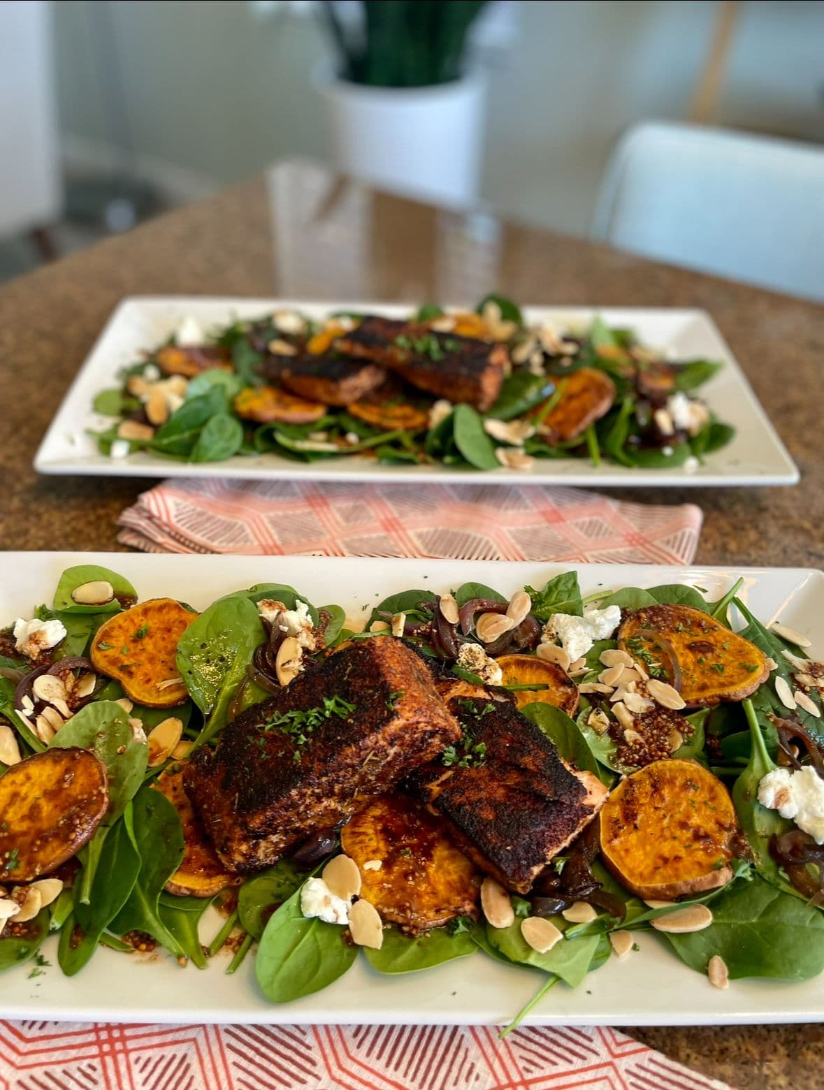 Blackened salmon with Caramelized Onion & Sweet Potato Salad