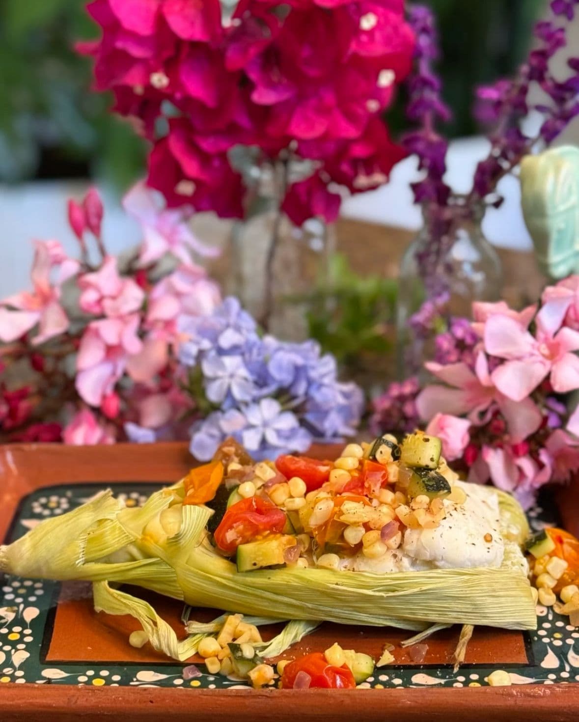 Halibut in Corn Husks with Fresh Vegetable Saute