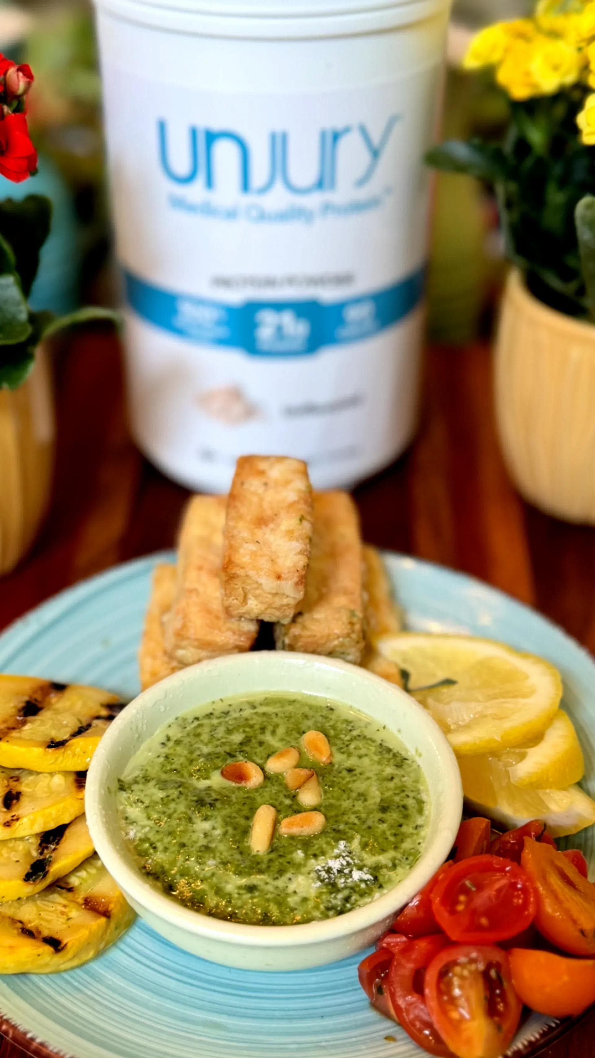 Air-Fried Tofu, Grilled Veggies & Pesto with 20g of Unjury Flavorless Protein