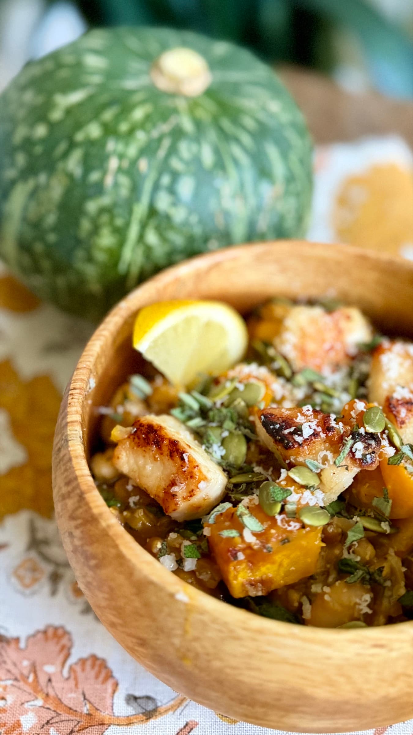 Creamy Kabocha, White Bean and Sage Farro with Crispy Chicken