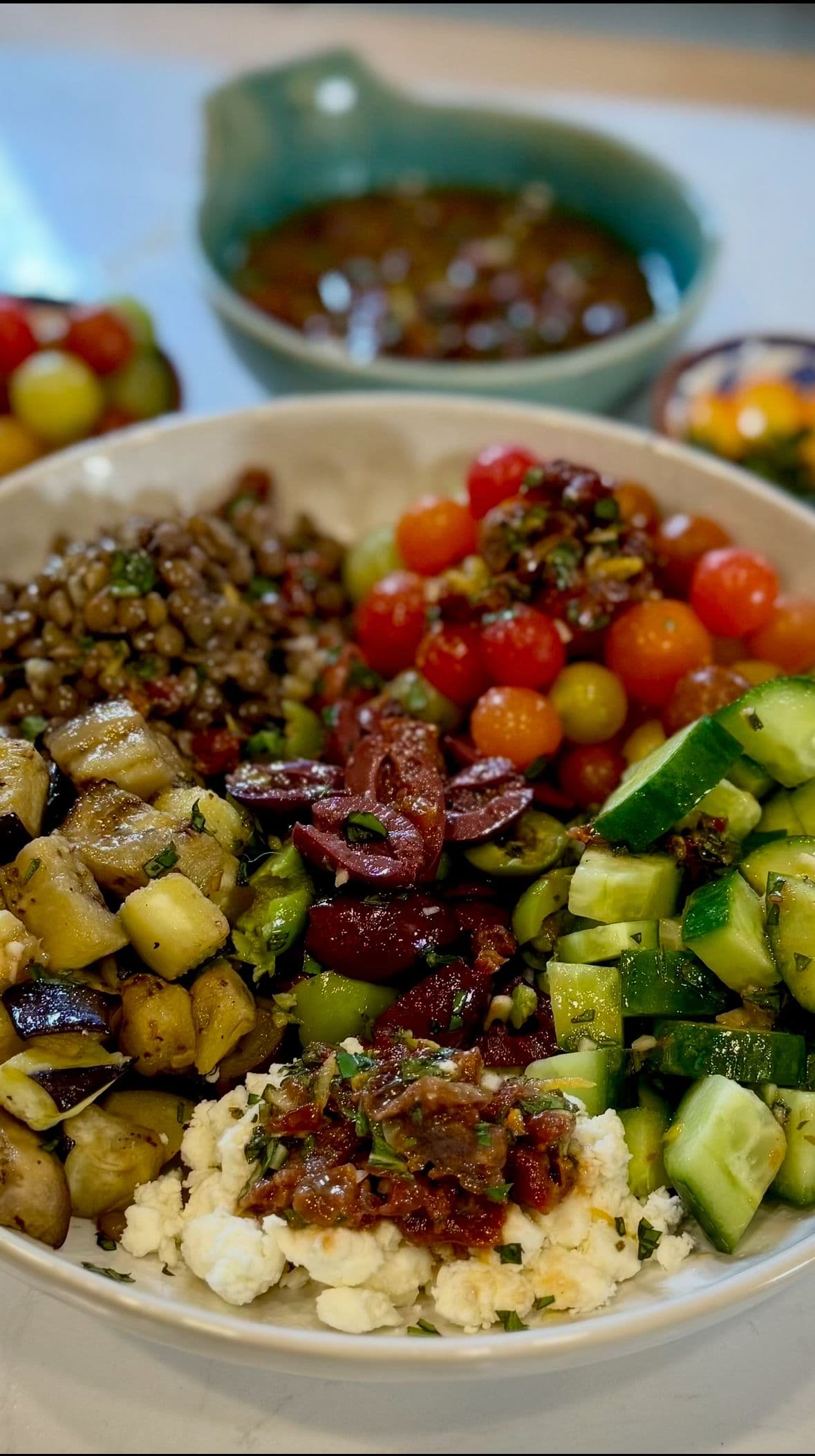 Mediterranean Lentil Bowl with Zesty Sun-Dried Tomato Dressing