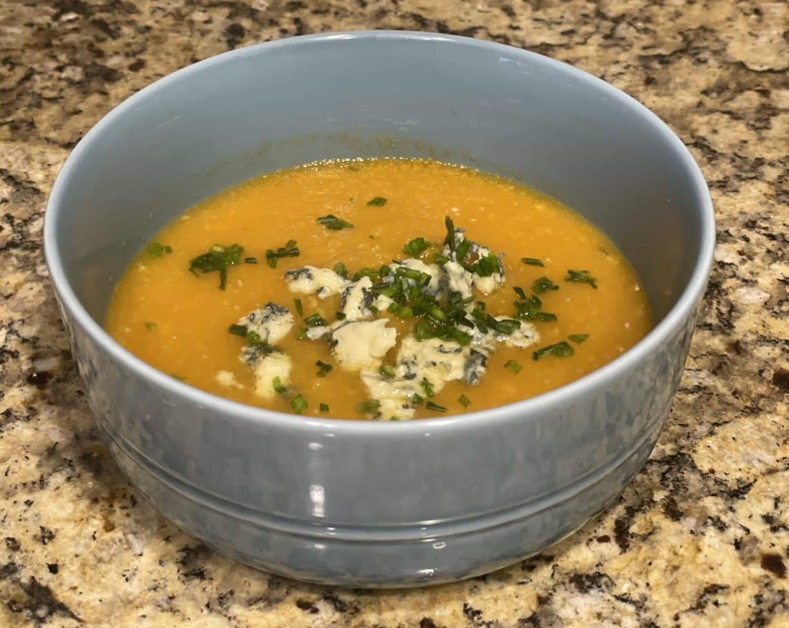 Roasted Pear Butternut Squash Soup with Crumbled Stilton