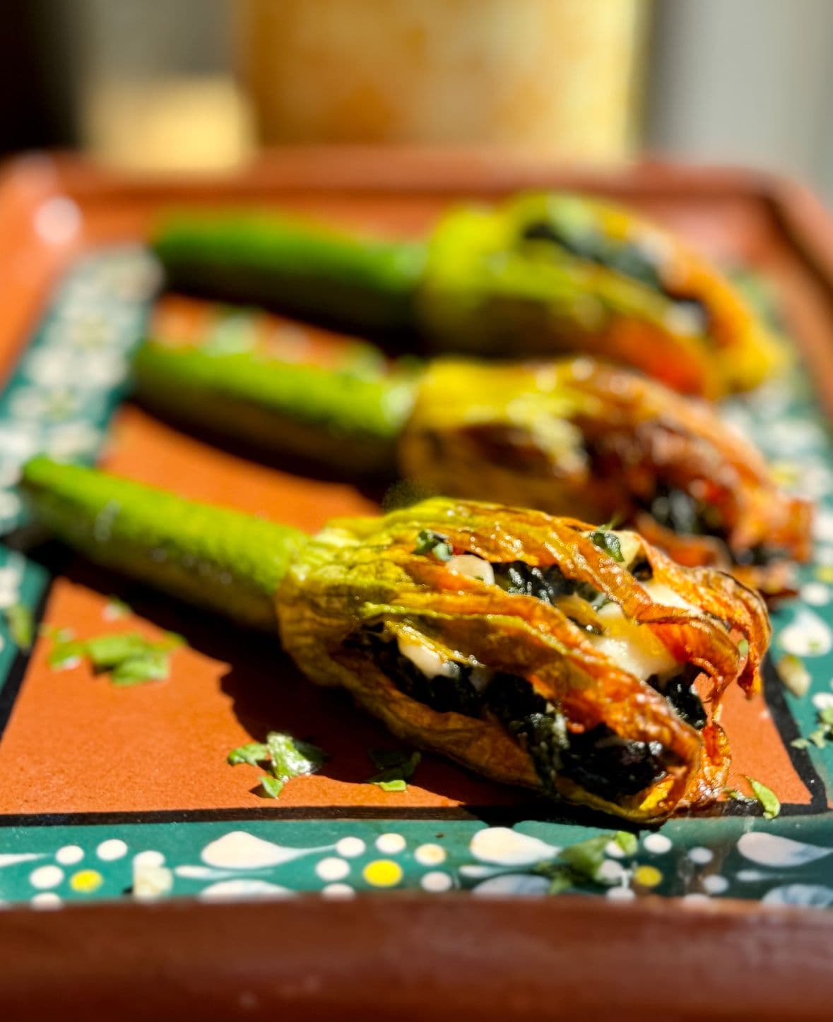 Roasted stuffed squash blossoms