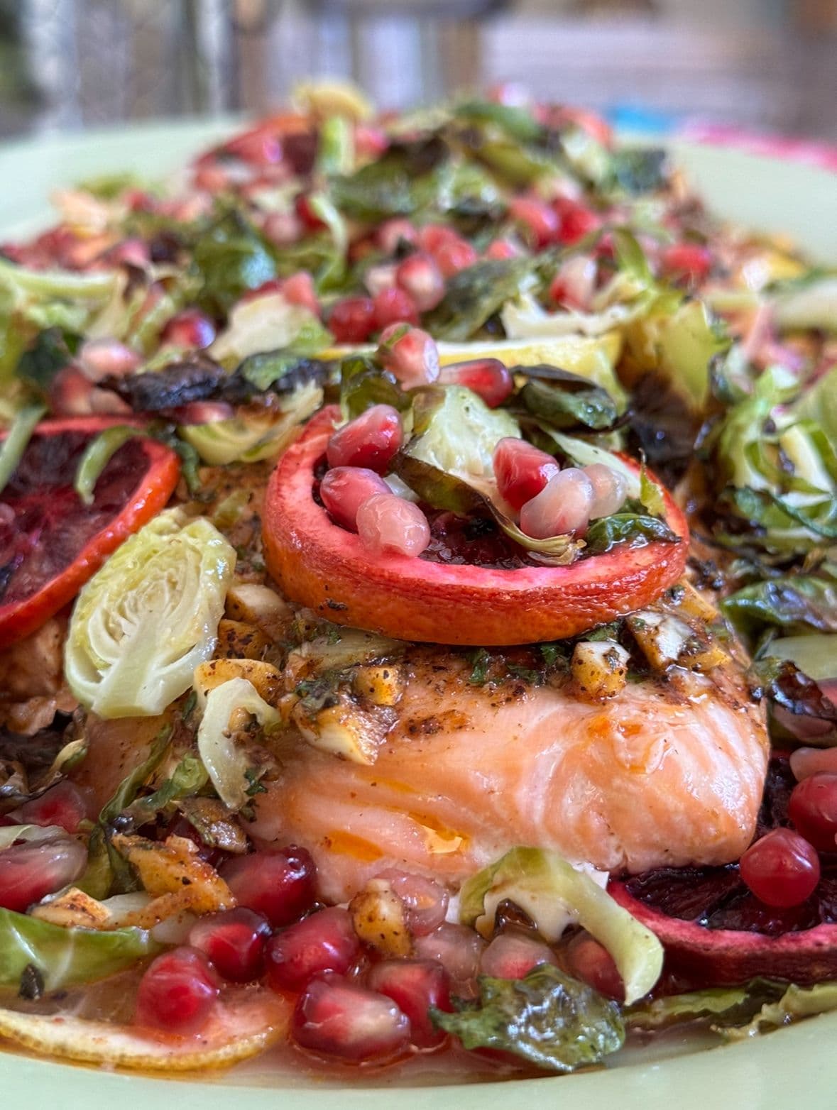 Roasted sumac salmon with brussel sprouts and pomegranate