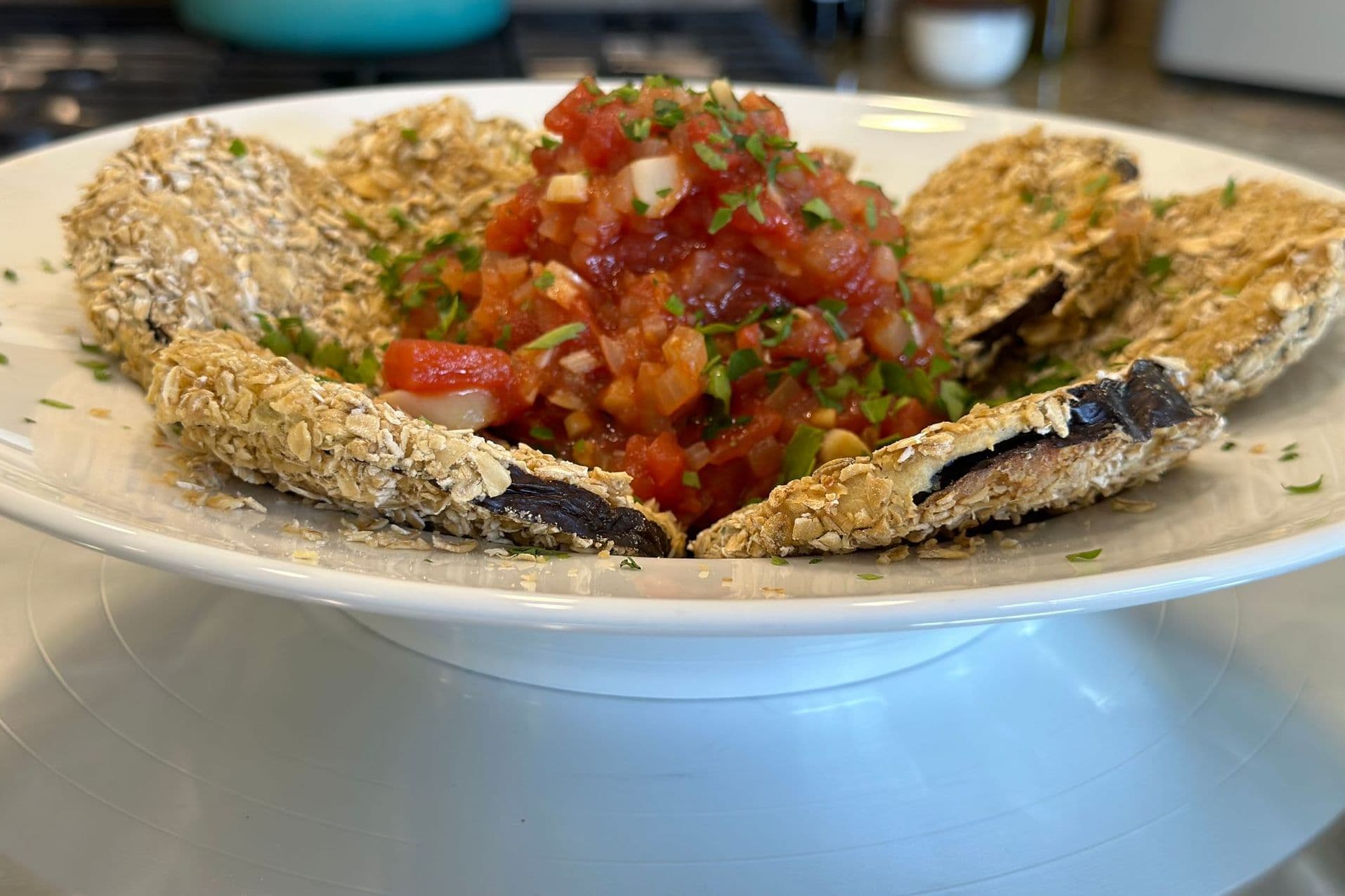 Rolled Oat breaded eggplant with sweet and spicy sauce