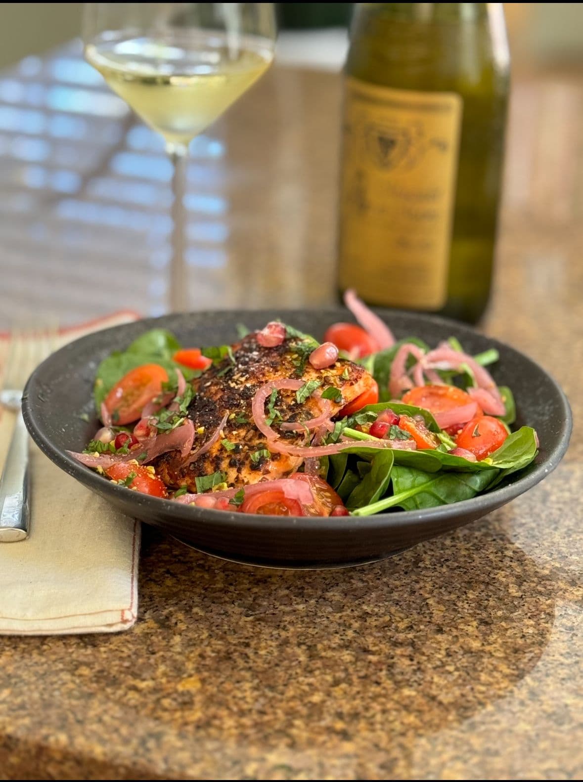 Salmon with mint, pistachio, and pickled red onion