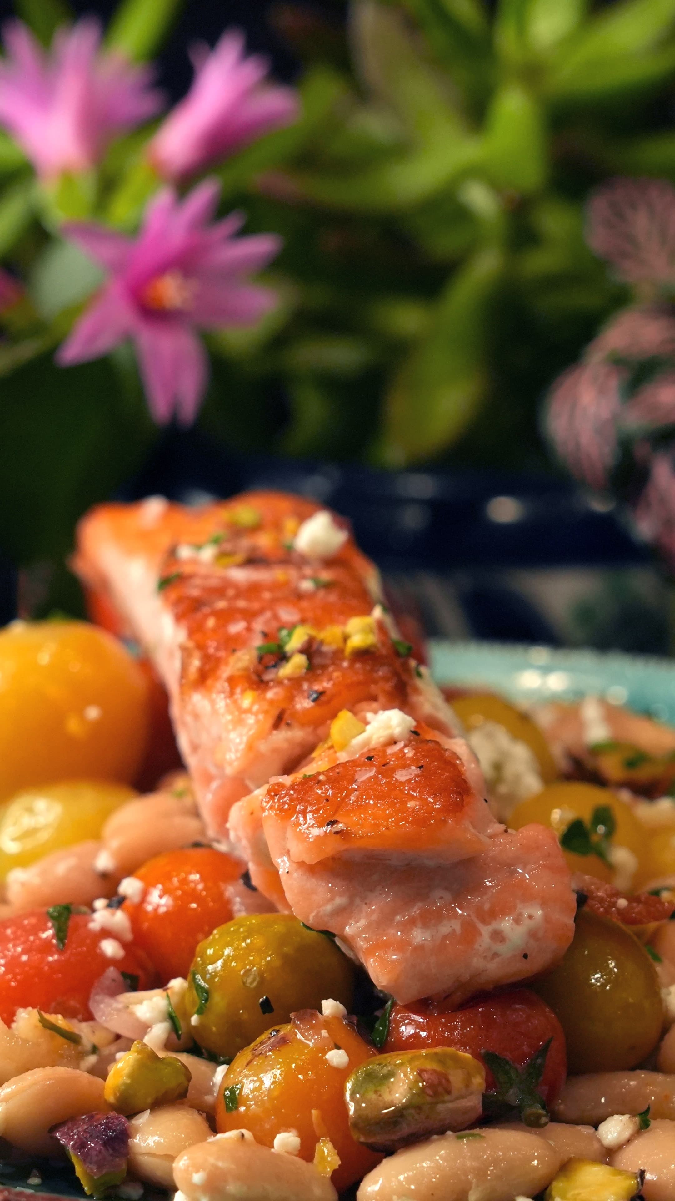 Seared Salmon with Warm Tomato & White Bean Vinaigrette
