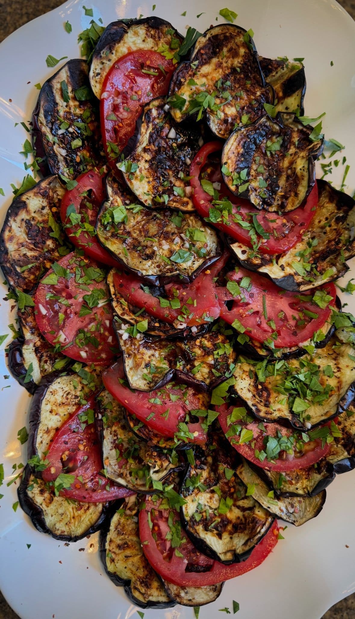 Spicy Grilled Eggplant & Fresh Tomatoes