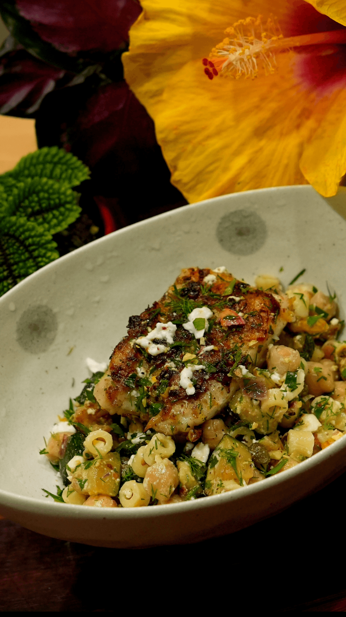 Warm Zucchini Feta Salad with Lemon-Caper Halibut